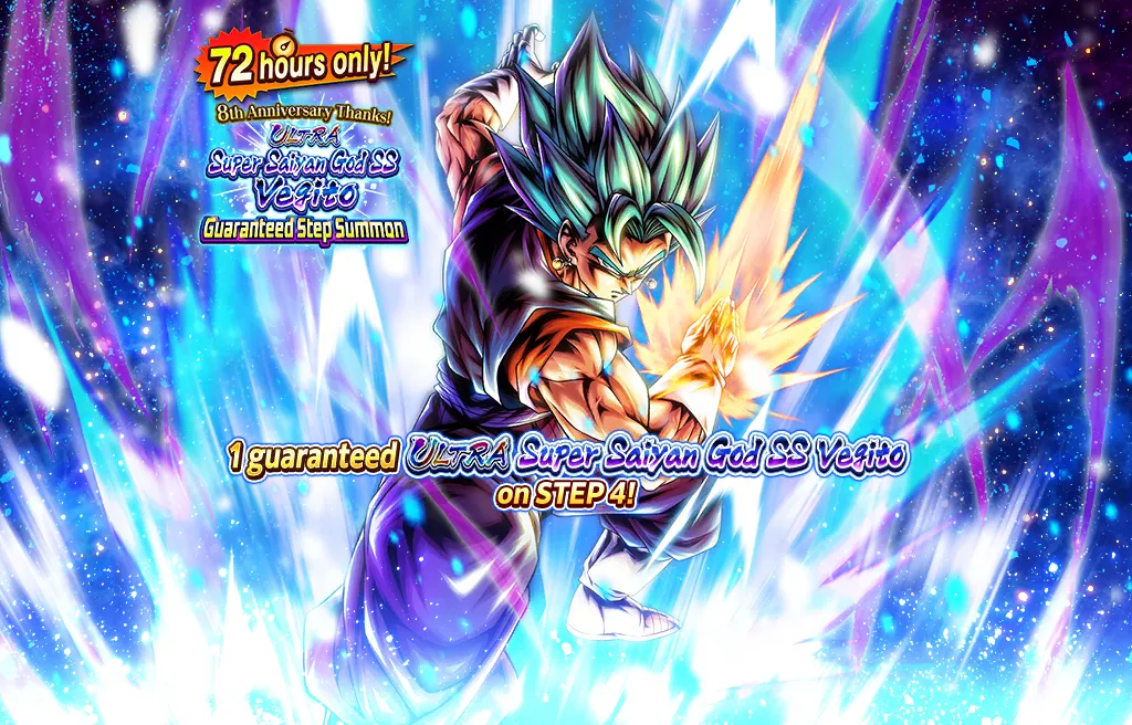 Somente por 72 horas! Obrigado pelo apoio: 8 Anos! Invocação em Etapas ULTRA Vegetto Super Saiyajin Blue Garantido